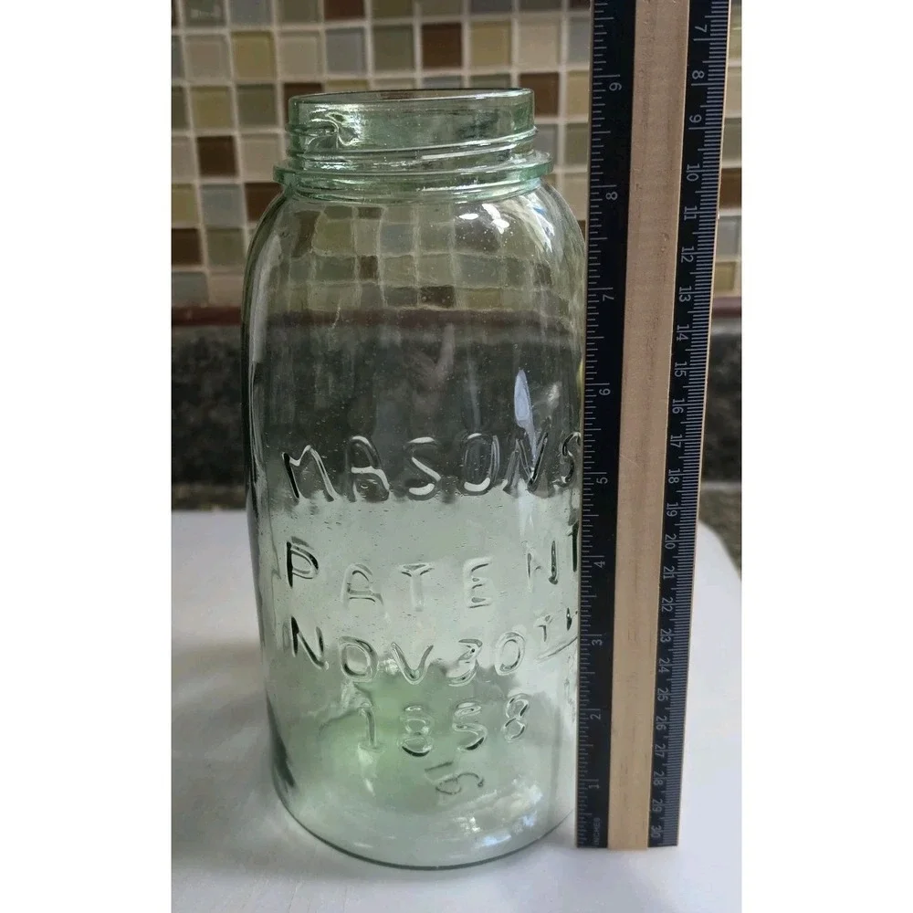 Mason's Patent Nov. 30th 1858 Light Green Fruit Jam Jar With Ball Lid 9.25